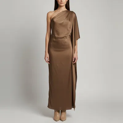 Pre-owned Lanvin Brown Textured Satin Off Shoulder Draped Dress S