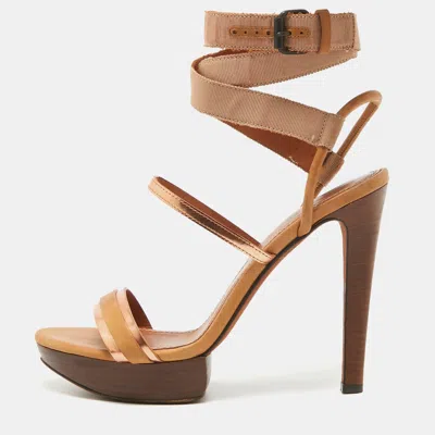 Pre-owned Lanvin Brown/metallic Leather Platform Ankle Wrap Sandals Size 38