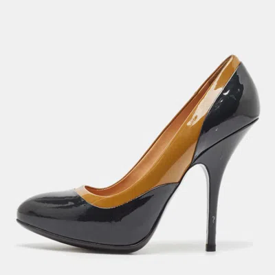 Pre-owned Lanvin Brown/navy Blue Patent Leather Round Toe Pumps Size 38.5