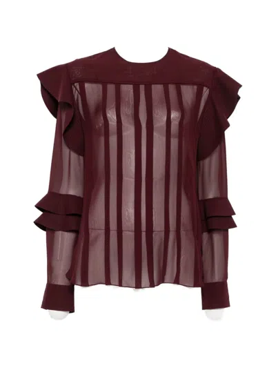 Lanvin Burgundy Sheer Ruffled Silk-nylon Blouse In Brown