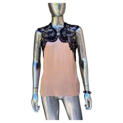 Pre-owned Lanvin By Elbaz Paris Rare Pink Silk Black Lace Blouse Rare Collection Size S