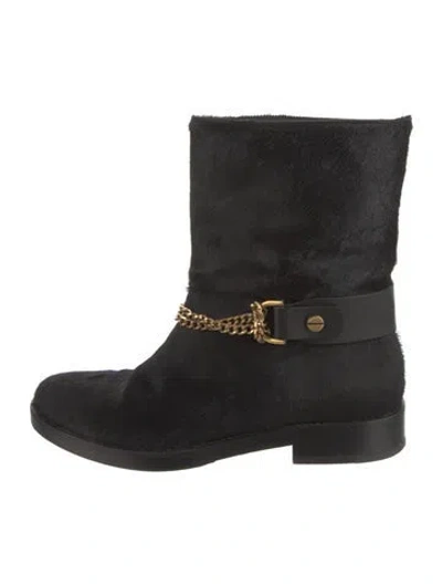 Pre-owned Lanvin Calf Hair Chain-link Accents Moto Boots In Black