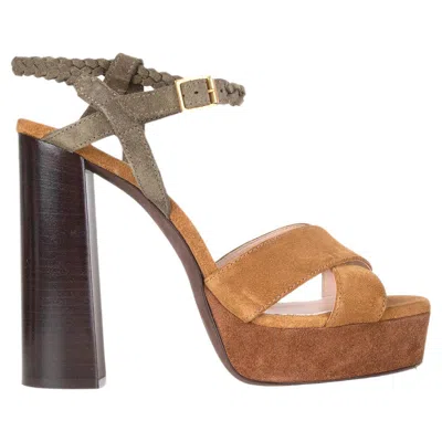 Pre-owned Lanvin Camel Brown Khaki Suede Ankle Strap Platform Sandals Shoes 39.5