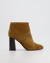 LANVIN CAMEL SUEDE STUDDED HEELED ANKLE BOOTS