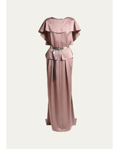 Lanvin Capelet-sleeve Metallic Belted Satin Maxi Dress In Pink