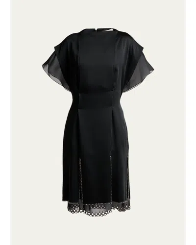 Lanvin Cap-sleeve Studded Satin Paneled Midi Dress In Black