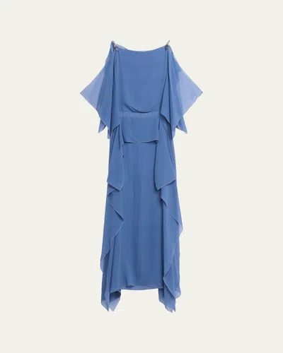 Lanvin Chain-strap Silk Ruffle Maxi Dress In Blue