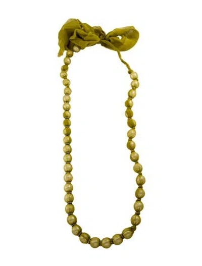 Pre-owned Lanvin Chiffon, Faux Pearl & Crystal Long Bead Strand Necklace, 79" In Green