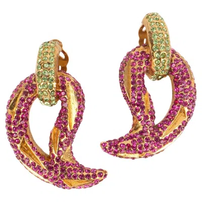 Pre-owned Lanvin Clip-on Earrings With Pink And Green Rhinestones