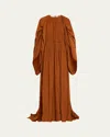 Lanvin Crinkled Satin Ruched Sleeve Gown In Brown