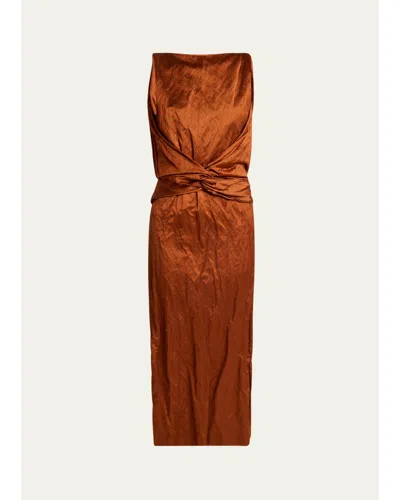 Lanvin Crinkled Silk Twisted-waist Sleeveless Maxi Dress In Brown