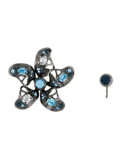 Pre-owned Lanvin Crystal Flower Clip-on Earrings In Blue/clear