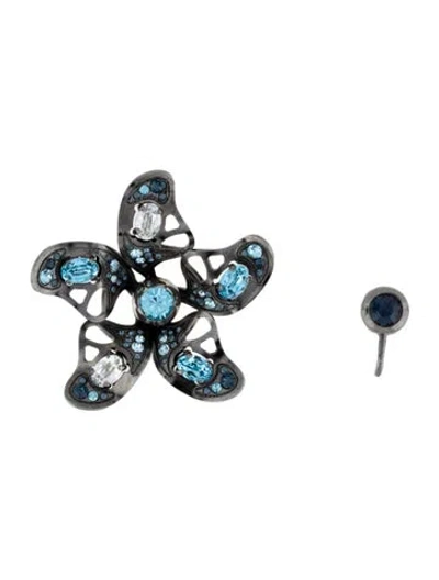 Pre-owned Lanvin Crystal Flower Clip-on Earrings In Blue/clear