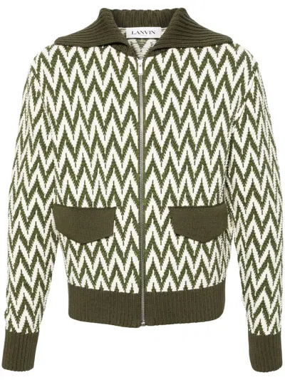 Lanvin Khaki And White Herringbone Pattern Cotton Sweater In Green