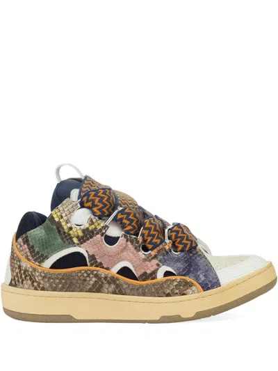 Lanvin Curb Snakeskin Lace-up Sneakers In White