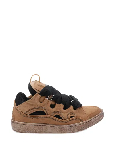 Lanvin Unisex Curb Canvas Sneakers With Topstitching In Brown