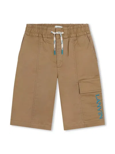 Lanvin Kids' Dark Beige Bermuda Shorts With Logo And Curb Motif In Brown