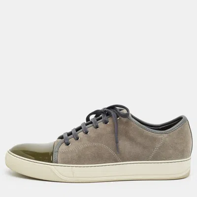 Pre-owned Lanvin Ddb1 Size 43 Grey/dark Green Patent Leather And Suede Low Top Sneakers