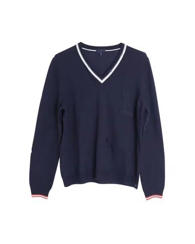 Lanvin Distressed Detail Neckline Jumper In Navy Blue Wool