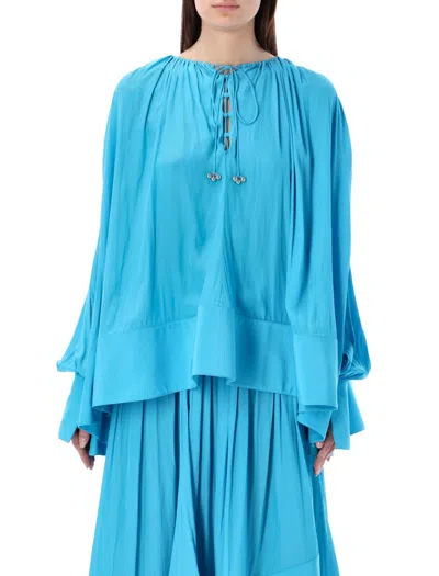 Lanvin V-neck Wide Blouse With Drawstring Detail And Cuffed Sleeves In White