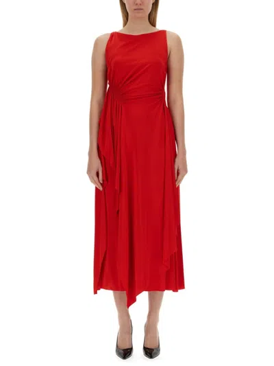 LANVIN LANVIN DRAPED RED MIDI DRESS WITH FLATTERING SILHOUETTE