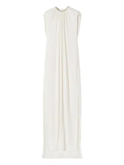 Lanvin Sleeveless Dress Floor Length Embellished Neckline In White