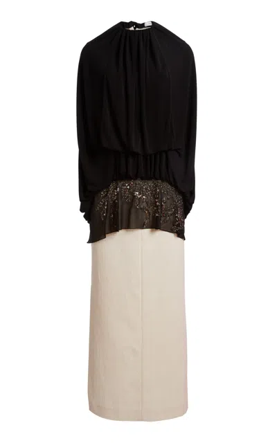 Lanvin Embroidered Contrast Draped Midi Dress In Multi