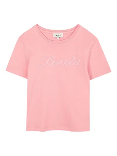 Lanvin Embroidered Logo Short Sleeve T-shirt For Girls In Pink