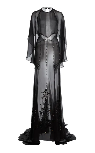 Lanvin Embroidered Silk-blend Cape Gown In Black