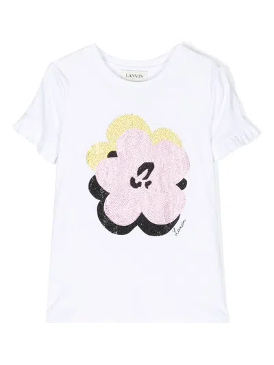 Lanvin Enfant Kids' Floral-print Sequin Detail T-shirt In Weiss