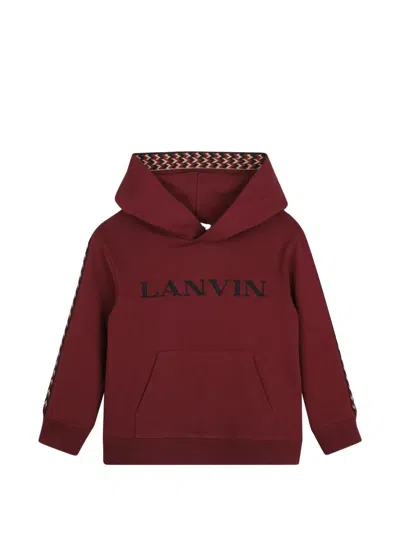 Lanvin Enfant Kids' Logo-embroidered Herringbone-trim Hoodie In Red