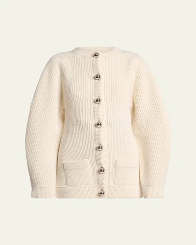 Lanvin Exaggerated-sleeve Wool Crewneck Cardigan In Neutral