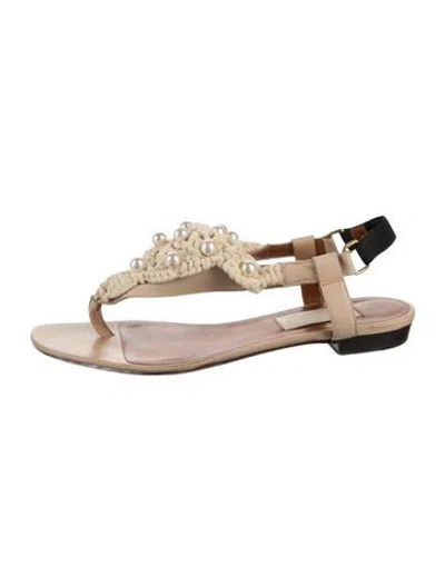 Pre-owned Lanvin Faux Pearl Accents Leather T-strap Sandals In Neutrals