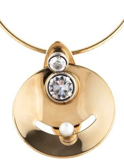 Pre-owned Lanvin Faux Pearl & Crystal Geometric Disc Collar Pendant Necklace, 16" In White
