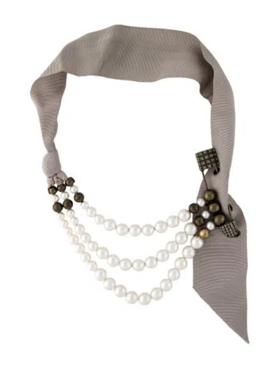 Pre-owned Lanvin Faux Pearl & Crystal Safety Pin Ribbon Multistrand Collar Necklace, 22" In Grey/white