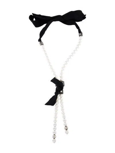 Pre-owned Lanvin Faux Pearl & Glass Crystal Ribbon Lariat Necklace, 37" In Black