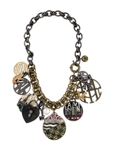 Pre-owned Lanvin Faux Pearl, Crystal & Enamel Charm Collar Necklace, 20.25" In Black/blue/green
