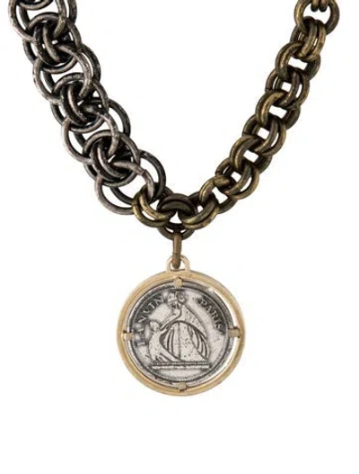 Pre-owned Lanvin Faux Pearl, Crystal & Enamel Monaco Charm Necklace, 21" In Black/clear/green