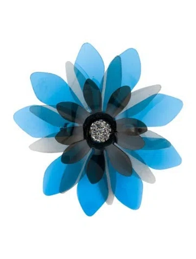 Pre-owned Lanvin Faux Pearl, Crystal, & Plastic Floral Brooch Pin In Blue/grey/white