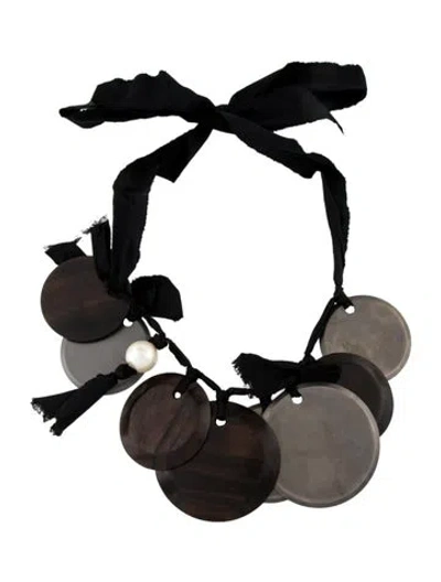 Pre-owned Lanvin Faux Pearl, Ribbon & Wood Station Collar Necklace, 55" In Multi