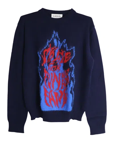 Lanvin Flame Slogan Intarsia-knit Jumper In Navy Blue Wool