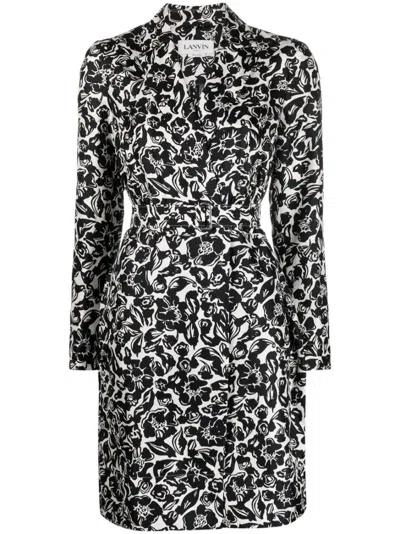 Lanvin Floral-print Belted Silk Dress In Black