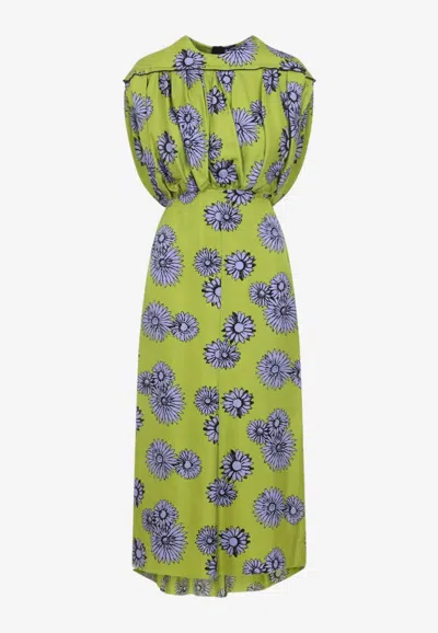 Lanvin Floral-print Draped Midi Dress In Green