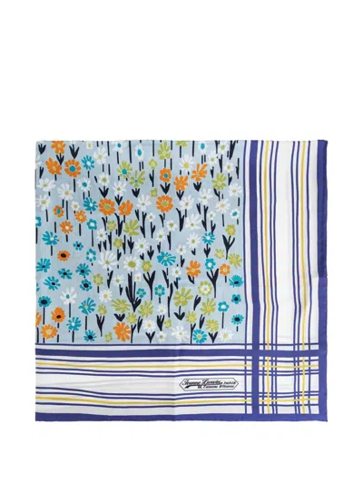 Lanvin Floral-print Striped Scarf In Blue