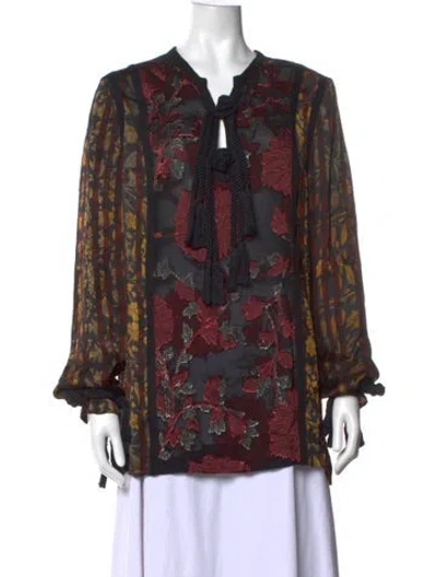 Pre-owned Lanvin Floral Print Tie Neck Blouse In Black/burgundy/yellow