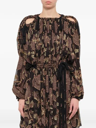 Lanvin Floral-jacquard Cold-shoulder Dress In Brown