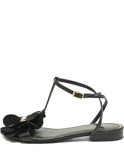 Pre-owned Lanvin Flower-appliqué Flat Sandals In Black
