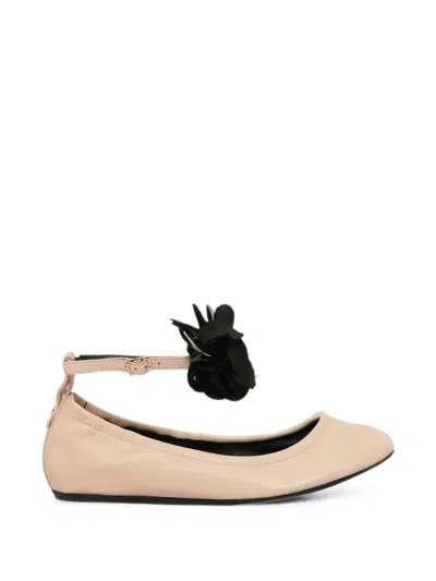 Lanvin Flower-embellished Ankle-strap Ballet Flats In Neutral