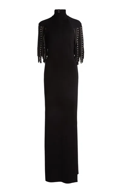 Lanvin Fringed Cape-detailed Knit Maxi Dress In Black