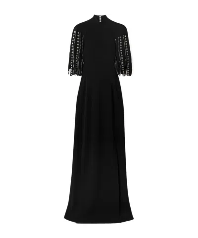 Lanvin Fringed Cape-effect Studded Knitted Turtleneck Gown In Black